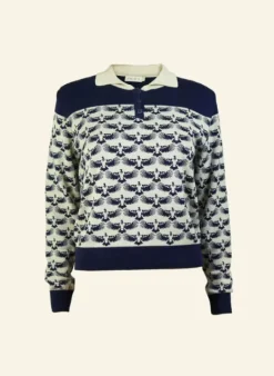 Store Aila Knitted Top - Navy Jacquard Eagle Tea Towels