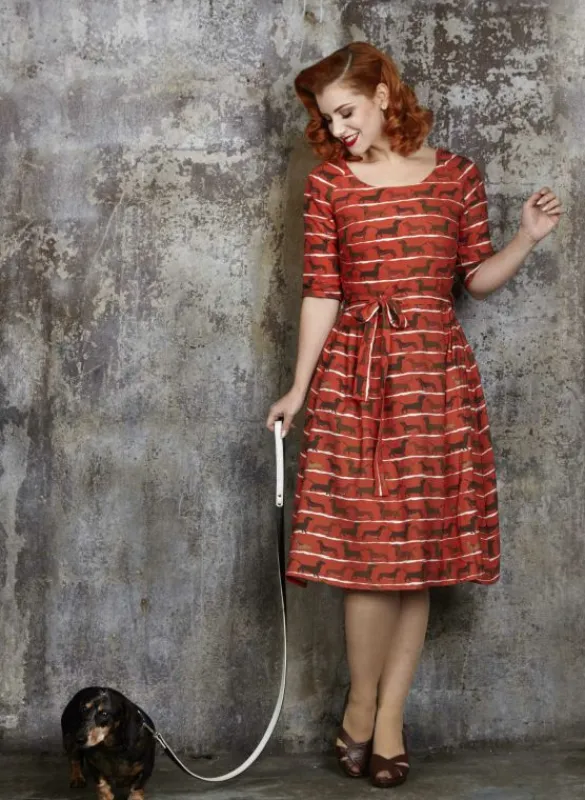 Store Elsie Dress - Rust Sausage Dog Women Dresses | Tea Towels