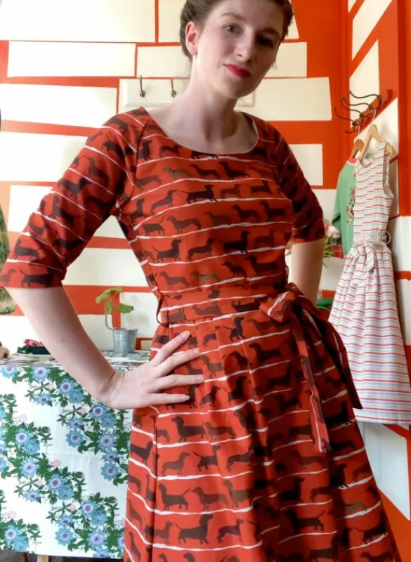 Store Elsie Dress - Rust Sausage Dog Women Dresses | Tea Towels
