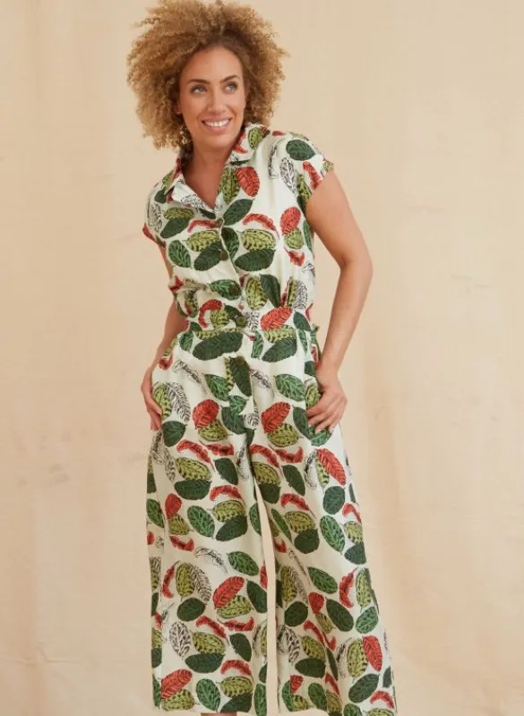 Fashion Francesca - Tencel Cream Zebra Leaf Jumpsuit Women Jumpsuits & Dungarees | Tea Towels