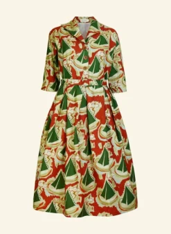 Fashion Ida - Burgundy Sailing Boats Dress Women Dresses | Tea Towels