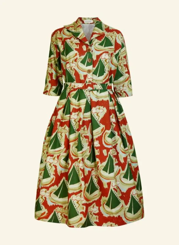 Fashion Ida - Burgundy Sailing Boats Dress Women Dresses | Tea Towels