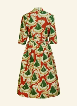 Fashion Ida - Burgundy Sailing Boats Dress Women Dresses | Tea Towels