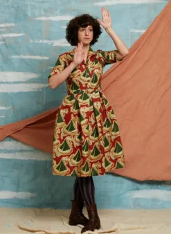 Fashion Ida - Burgundy Sailing Boats Dress Women Dresses | Tea Towels