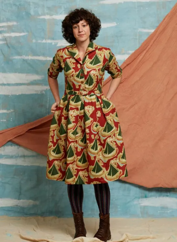 Fashion Ida - Burgundy Sailing Boats Dress Women Dresses | Tea Towels