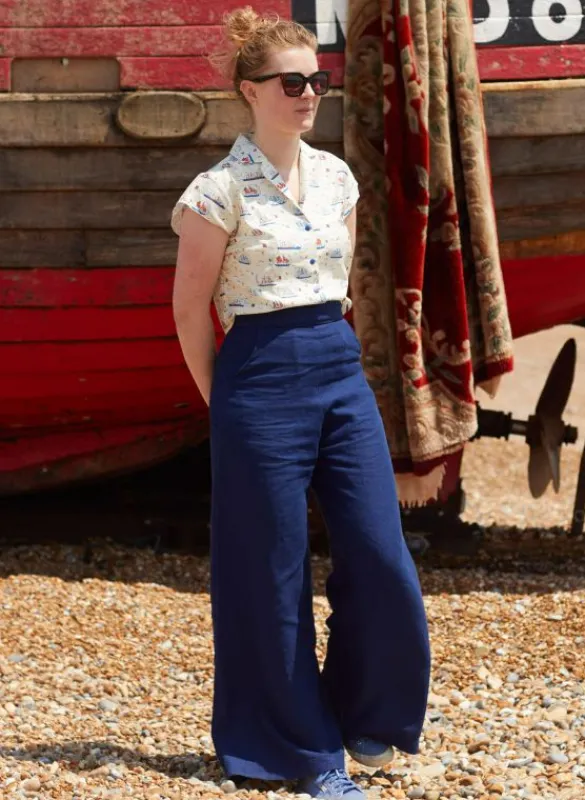 Cheap Josephine Trousers - Navy Linen Women Trousers | Tea Towels
