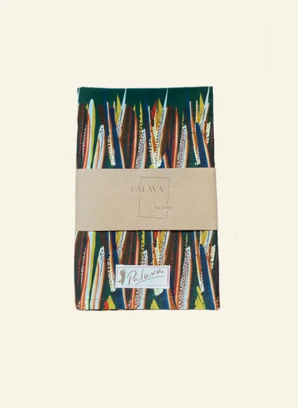 Hot Tea Towel - Green Mid-Century Feather Women Made From Leftover Fabric