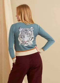 Store Vera Cardigan - Mineral Blue Arctic Embroidered Tiger Women Knitwear