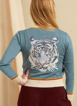 Store Vera Cardigan - Mineral Blue Arctic Embroidered Tiger Women Knitwear