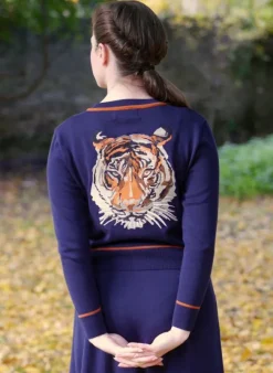 Outlet Vera Cardigan - Navy and Rust Embroidered Tiger Women Knitwear
