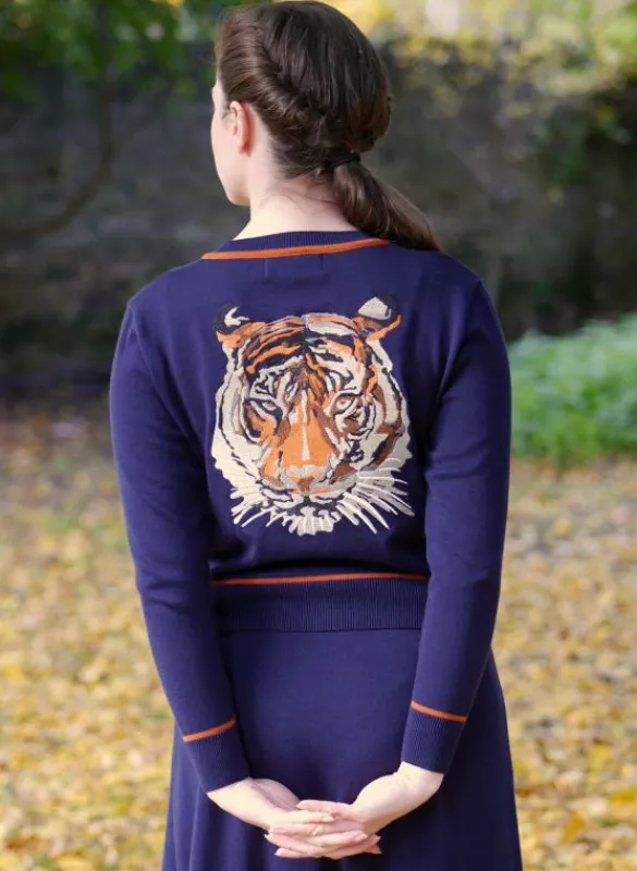 Outlet Vera Cardigan - Navy and Rust Embroidered Tiger Women Knitwear