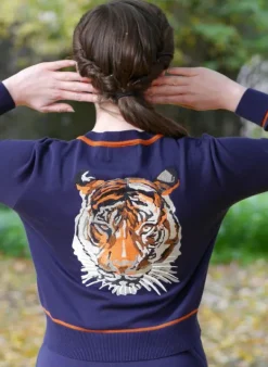 Outlet Vera Cardigan - Navy and Rust Embroidered Tiger Women Knitwear