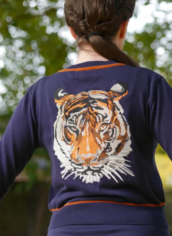 Outlet Vera Cardigan - Navy and Rust Embroidered Tiger Women Knitwear